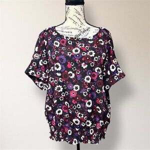 Michael Kors L Floral Blouse Smocked Waist Oversized Top Gold MK Logo Boho